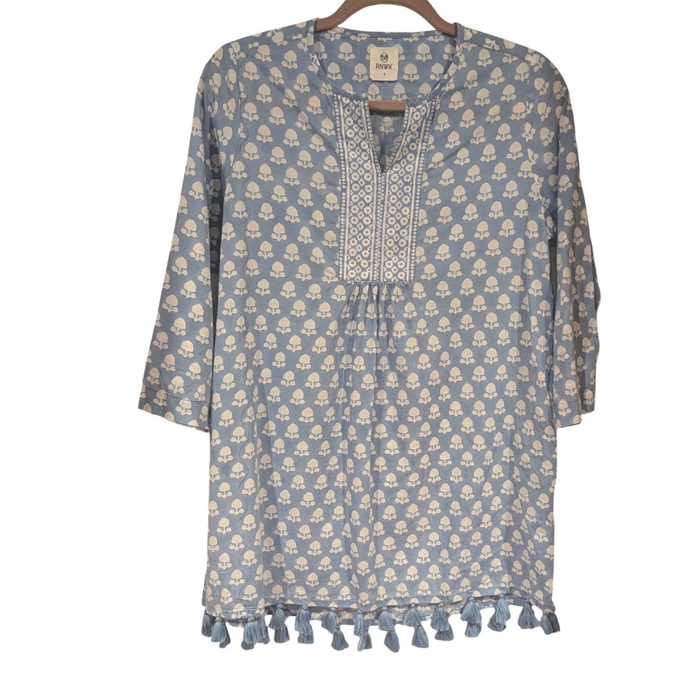 RNWK Renwick Tunic Top Womens Small Blue White Floral‎ Tassel Cotton Boho